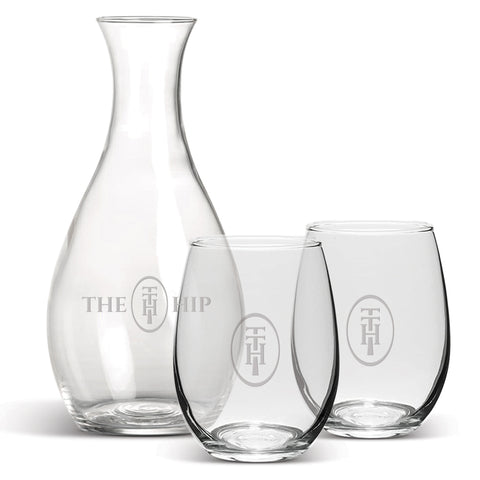 Stemless Wine Glasses and Carafe: Three-Piece Set